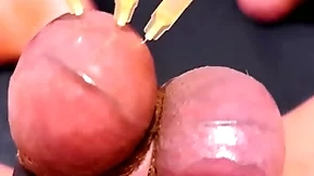 Testicle skewering cbt, edging & cumshot with 3 needles, precum & stretched bull