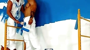 Hothouse - hunky painters encircling a bareback thing embrace isolated